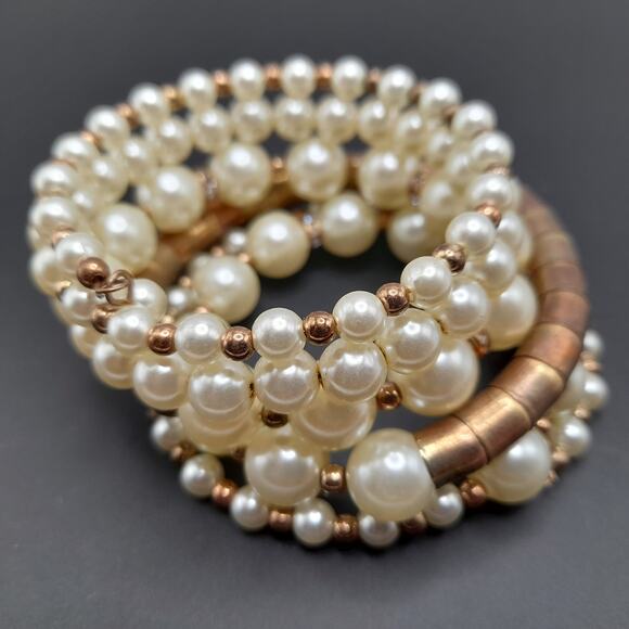 Vintage Memory Wire Faux Pearl Wide Brass Bead Bracelet, 44 Inches - Picture 4 of 10